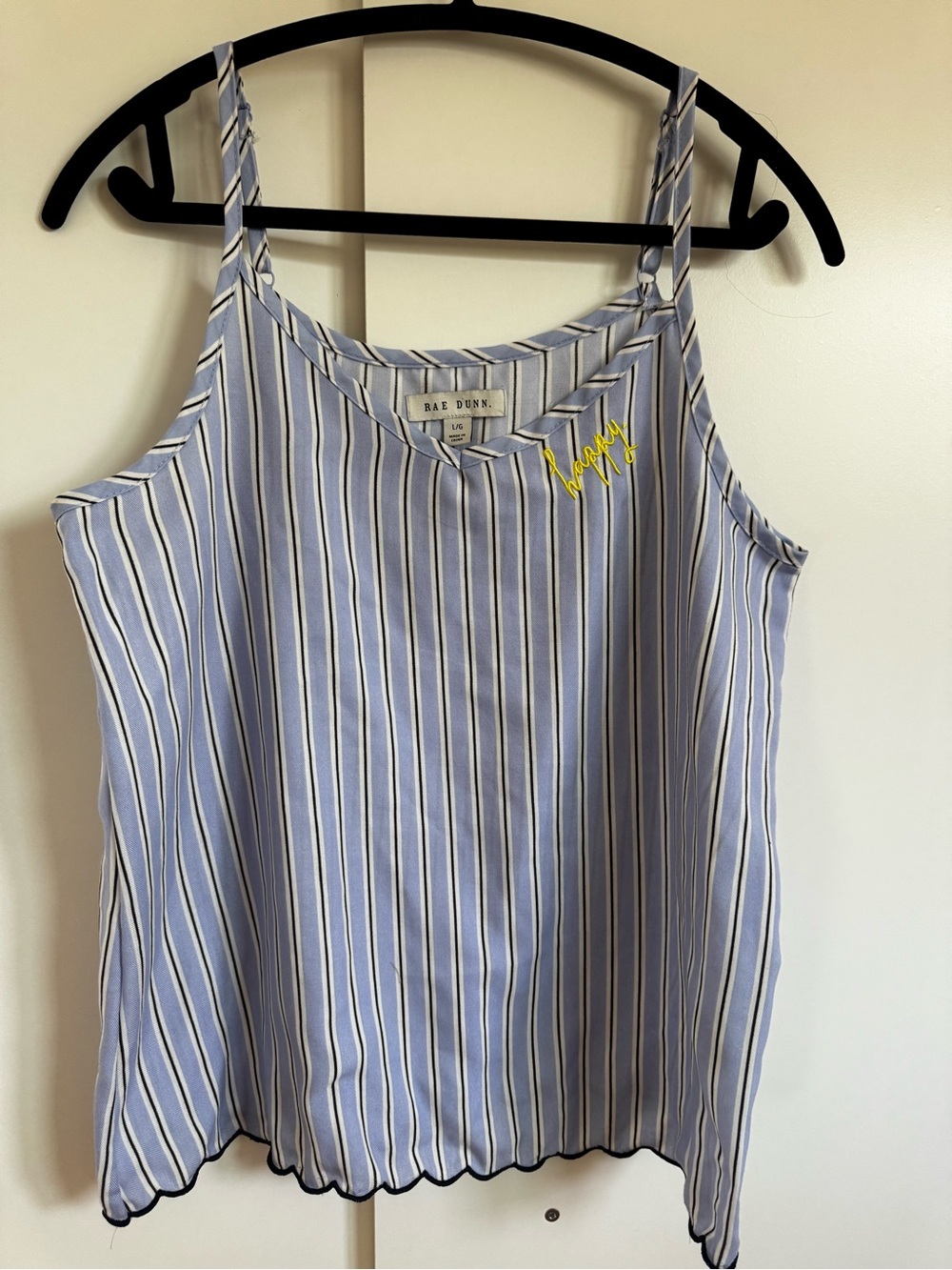 Rae Dunn Happy Blue White Striped Pajama Cami Tank Top Size Large